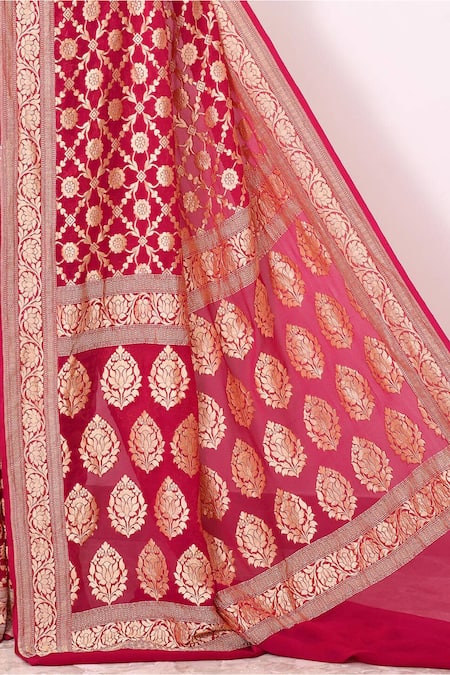 Naaritva India_Red Chiffon Embroidery Rosa Jaal Woven Banarasi Saree With Running Blouse _Online_at_Aza_Fashions