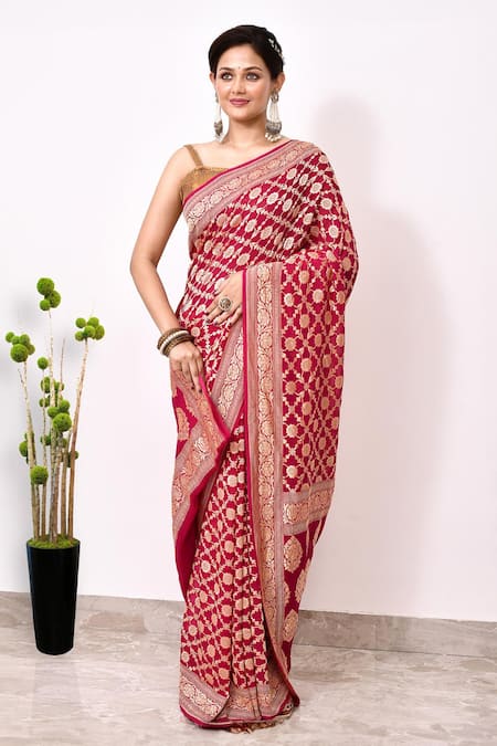Buy_Naaritva India_Red Chiffon Embroidery Rosa Jaal Woven Banarasi Saree With Running Blouse _Online_at_Aza_Fashions