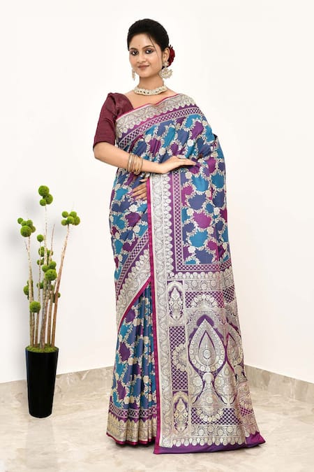Naaritva India Crest Blossom Jaal Woven Banarasi Saree With Running Blouse 