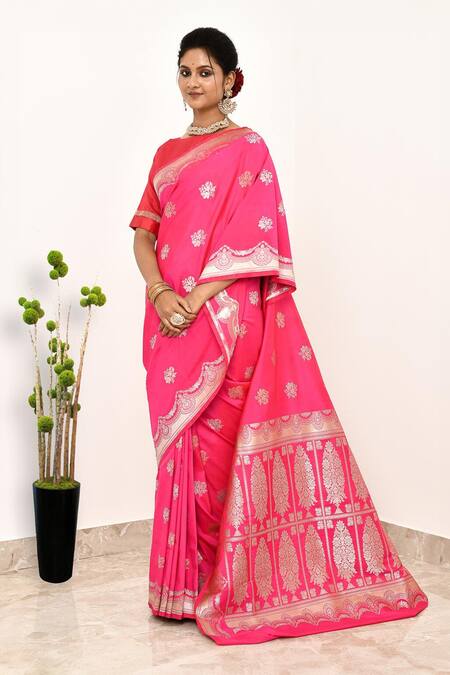 Naaritva India_Pink Silk Embroidery Fleur Guccha Woven Banarasi Saree With Running Blouse _Online_at_Aza_Fashions