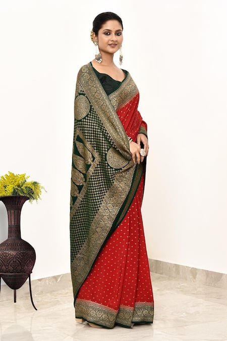 Naaritva India Red Handloom Cotton Zari Woven Banarasi Saree With Running Blouse Online at Aza Fashions Naaritva India_Red Handloom Cotton Zari Woven Banarasi Saree With Running Blouse _Online_at_Aza_Fashions