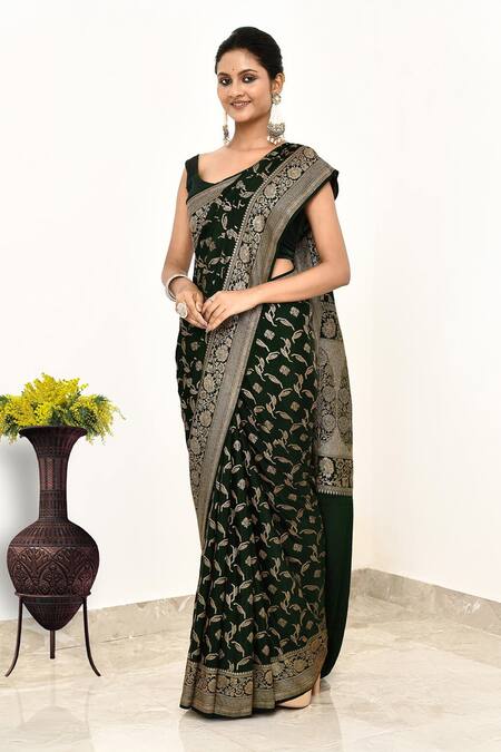 Naaritva India_Green Handloom Cotton Zari Mughal Woven Banarasi Saree With Running Blouse _Online_at_Aza_Fashions