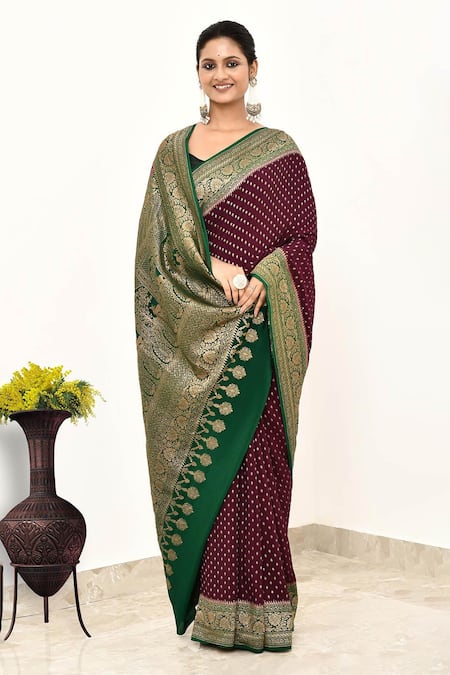 Buy_Naaritva India_Wine Handloom Cotton Zari Floral Woven Banarasi Saree With Running Blouse Piece _Online_at_Aza_Fashions