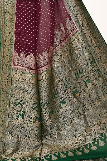 Shop_Naaritva India_Wine Handloom Cotton Zari Floral Woven Banarasi Saree With Running Blouse Piece _Online_at_Aza_Fashions