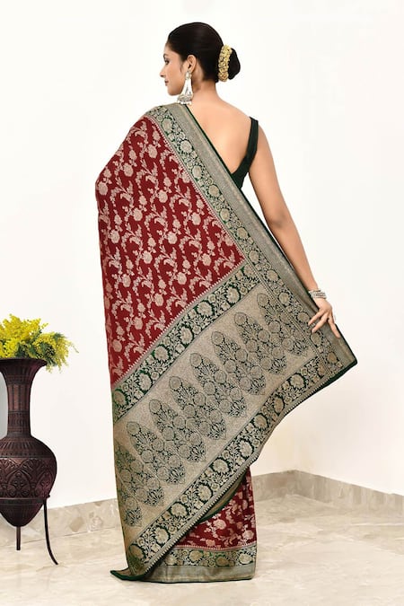 Shop Naaritva India Wine Handloom Cotton Zari Woven Mughal Banarasi Saree With Running Blouse at Aza Fashions Shop_Naaritva India_Wine Handloom Cotton Zari Woven Mughal Banarasi Saree With Running Blouse _at_Aza_Fashions