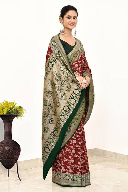 Buy Naaritva India Wine Handloom Cotton Zari Woven Mughal Banarasi Saree With Running Blouse Online at Aza Fashions Buy_Naaritva India_Wine Handloom Cotton Zari Woven Mughal Banarasi Saree With Running Blouse _Online_at_Aza_Fashions