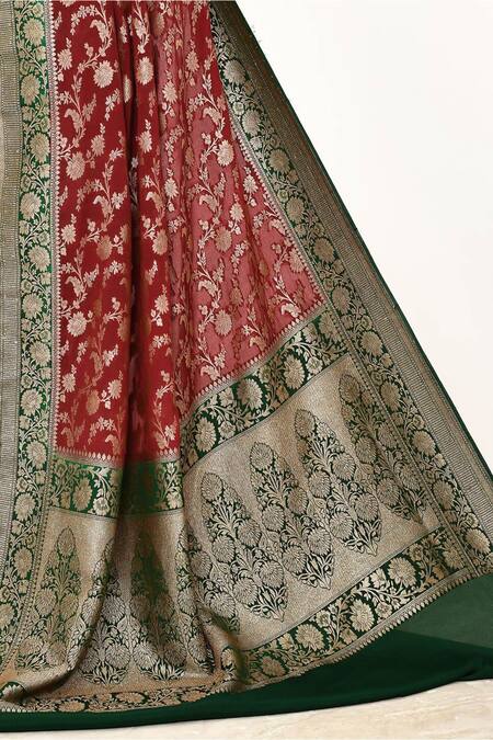 Shop Naaritva India Wine Handloom Cotton Zari Woven Mughal Banarasi Saree With Running Blouse Online at Aza Fashions Shop_Naaritva India_Wine Handloom Cotton Zari Woven Mughal Banarasi Saree With Running Blouse _Online_at_Aza_Fashions