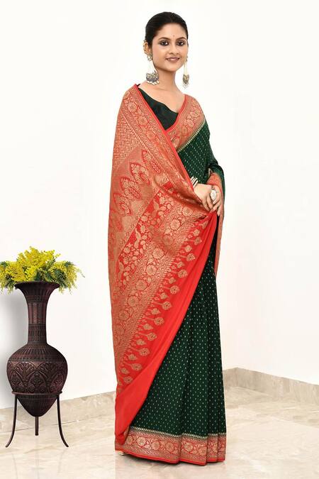 Buy Naaritva India Green Handloom Cotton Zari Woven Floral Pallu Banarasi Saree With Running Blouse Online at Aza Fashions Buy_Naaritva India_Green Handloom Cotton Zari Woven Floral Pallu Banarasi Saree With Running Blouse _Online_at_Aza_Fashions