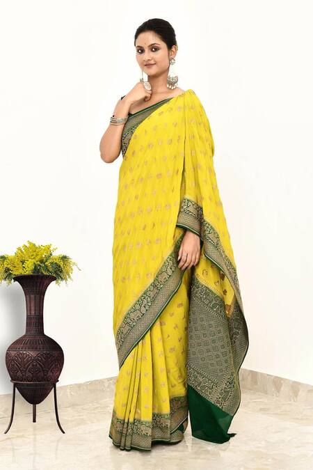 Buy_Naaritva India_Yellow Handloom Cotton Woven Animal Butti Banarasi Saree With Running Blouse _Online_at_Aza_Fashions