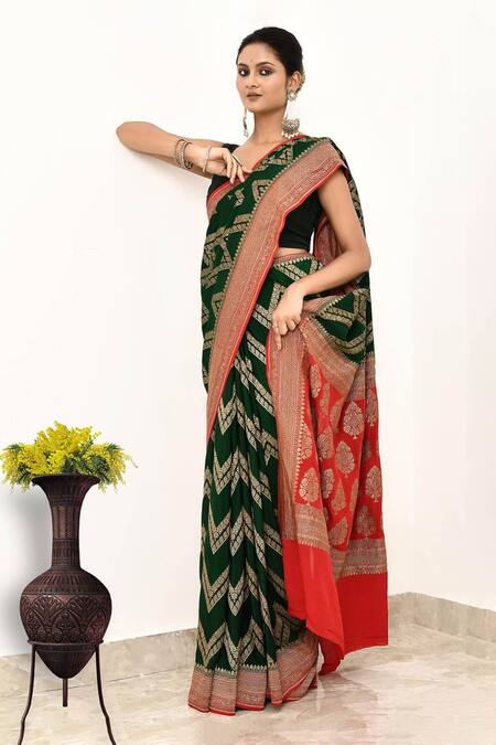Buy Naaritva India Green Handloom Cotton Zari Woven Chevron Banarasi Saree With Running Blouse Online at Aza Fashions Buy_Naaritva India_Green Handloom Cotton Zari Woven Chevron Banarasi Saree With Running Blouse _Online_at_Aza_Fashions