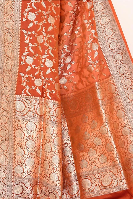 Buy_Naaritva India_Orange Kota Doria Zari Jaal Woven Banarasi Saree With Running Blouse _Online_at_Aza_Fashions