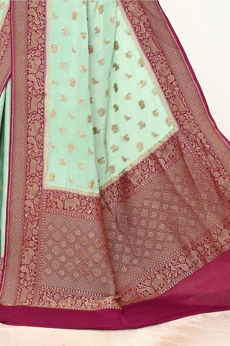 Shop_Naaritva India_Green Handloom Cotton Woven Animal Pattern Banarasi Saree With Running Blouse _Online_at_Aza_Fashions