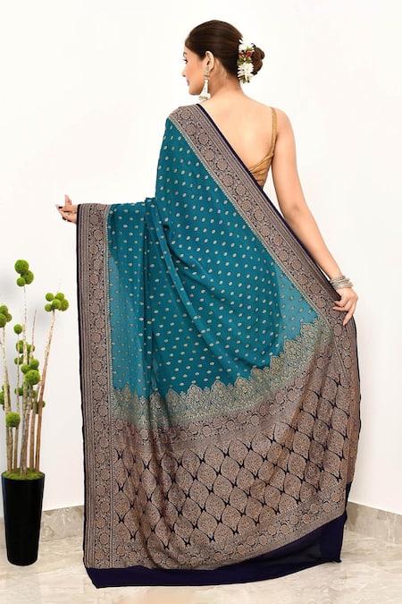 Shop Naaritva India Blue Handloom Cotton Zari Vine Border Woven Banarasi Saree With Running Blouse at Aza Fashions Shop_Naaritva India_Blue Handloom Cotton Zari Vine Border Woven Banarasi Saree With Running Blouse _at_Aza_Fashions