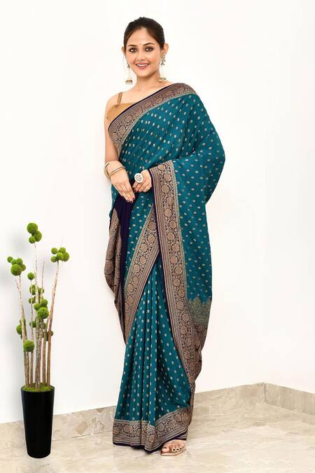 Buy Naaritva India Blue Handloom Cotton Zari Vine Border Woven Banarasi Saree With Running Blouse Online at Aza Fashions Buy_Naaritva India_Blue Handloom Cotton Zari Vine Border Woven Banarasi Saree With Running Blouse _Online_at_Aza_Fashions