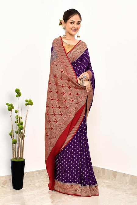 Buy Naaritva India Wine Handloom Cotton Floral Border Woven Banarasi Saree With Running Blouse Online at Aza Fashions Buy_Naaritva India_Wine Handloom Cotton Floral Border Woven Banarasi Saree With Running Blouse _Online_at_Aza_Fashions