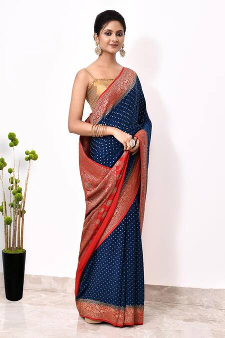 Buy_Naaritva India_Blue Handloom Cotton Animal Border Woven Banarasi Saree With Running Blouse _Online_at_Aza_Fashions