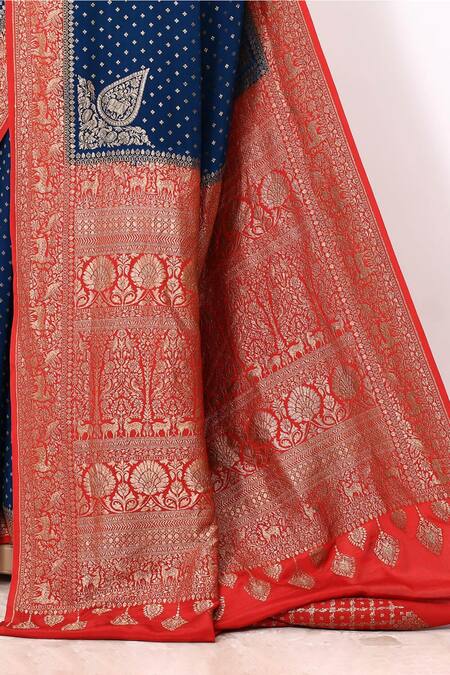 Shop_Naaritva India_Blue Handloom Cotton Animal Border Woven Banarasi Saree With Running Blouse _Online_at_Aza_Fashions