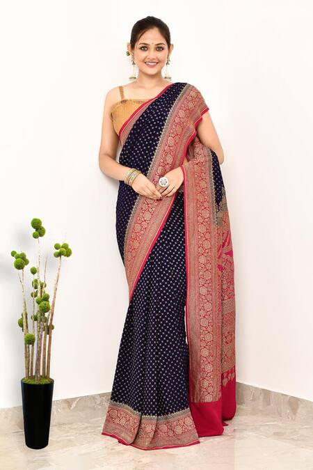 Buy_Naaritva India_Purple Handloom Cotton Zari Floral Border Banarasi Saree With Running Blouse _Online_at_Aza_Fashions