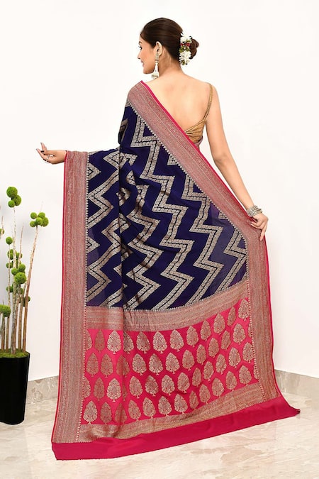 Shop Naaritva India Wine Handloom Cotton Zari Chevron Woven Banarasi Saree With Running Blouse at Aza Fashions Shop_Naaritva India_Wine Handloom Cotton Zari Chevron Woven Banarasi Saree With Running Blouse _at_Aza_Fashions