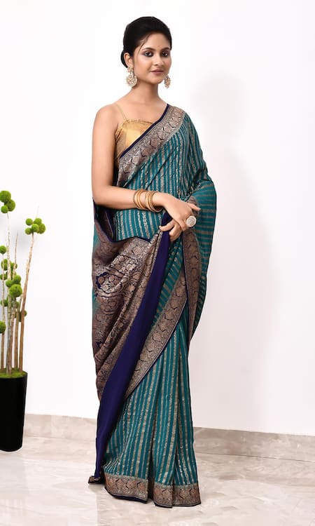 Naaritva India_Blue Handloom Cotton Foliage Stripe Woven Banarasi Saree With Running Blouse _Online_at_Aza_Fashions