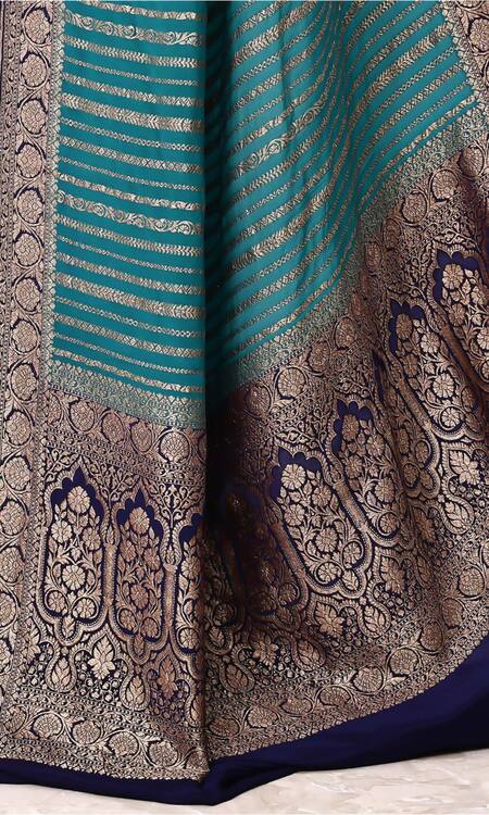 Buy_Naaritva India_Blue Handloom Cotton Foliage Stripe Woven Banarasi Saree With Running Blouse _Online_at_Aza_Fashions