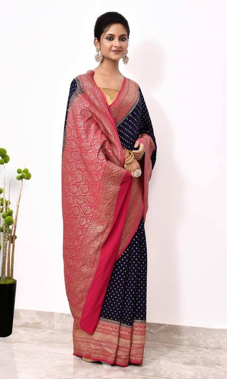Naaritva India_Wine Handloom Floral Broad Border Woven Banarasi Saree With Running Blouse _Online_at_Aza_Fashions