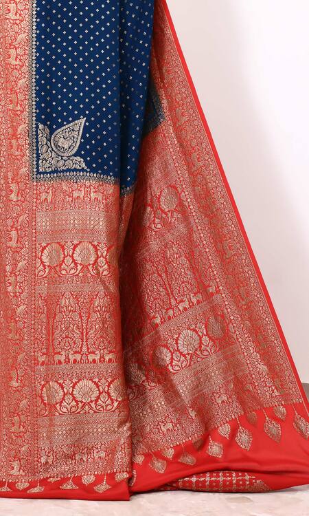 Buy_Naaritva India_Blue Handloom Cotton Zari Animal Woven Border Banarasi Saree With Running Blouse _Online_at_Aza_Fashions