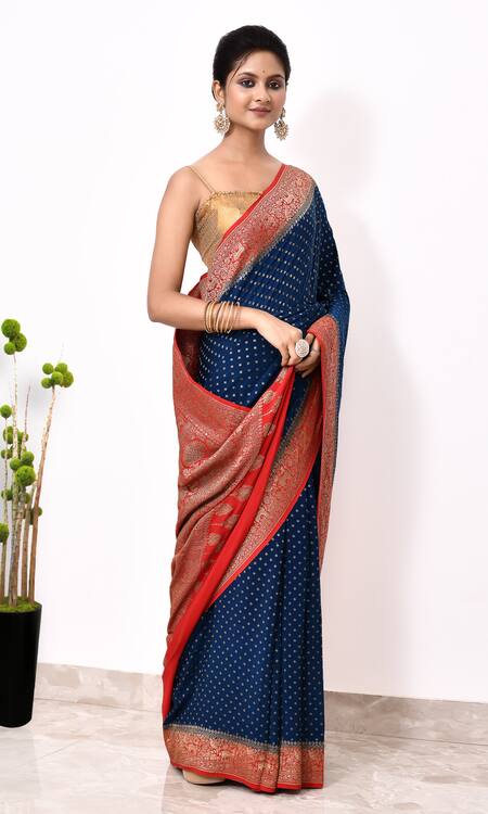 Shop_Naaritva India_Blue Handloom Cotton Zari Animal Woven Border Banarasi Saree With Running Blouse _Online_at_Aza_Fashions