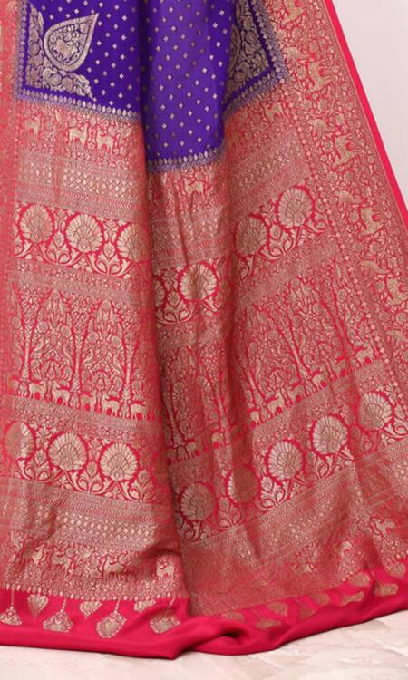 Buy_Naaritva India_Purple Handloom Cotton Woven Animal Border Banarasi Saree With Running Blouse _Online_at_Aza_Fashions