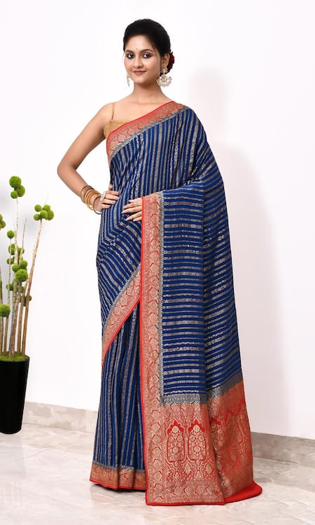 Naaritva India Woven Foliage Stripe Saree With Running Blouse Piece 