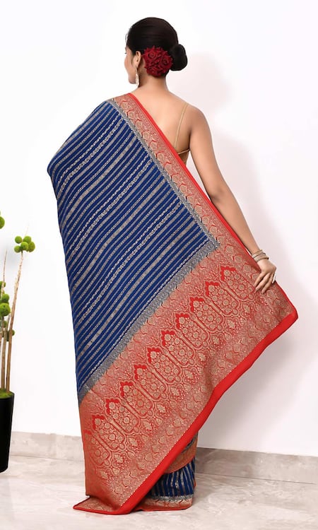 Naaritva India Woven Foliage Stripe Banarasi Saree With Running Blouse 