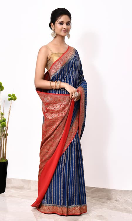 Naaritva India Blue Handloom Cotton Woven Foliage Stripe Banarasi Saree With Running Blouse Online at Aza Fashions Naaritva India_Blue Handloom Cotton Woven Foliage Stripe Banarasi Saree With Running Blouse _Online_at_Aza_Fashions