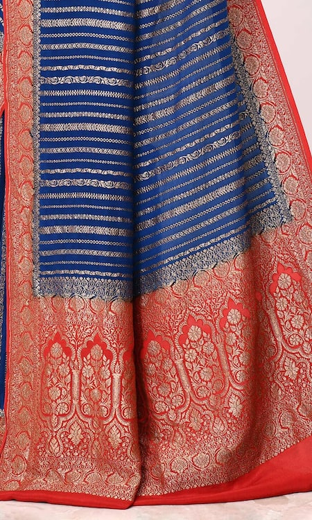 Buy Naaritva India Blue Handloom Cotton Woven Foliage Stripe Banarasi Saree With Running Blouse Online at Aza Fashions Buy_Naaritva India_Blue Handloom Cotton Woven Foliage Stripe Banarasi Saree With Running Blouse _Online_at_Aza_Fashions