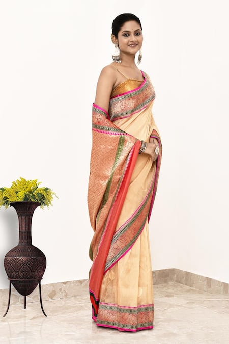 Naaritva India_Gold Tissue Embroidery Floral Border Woven Banarasi Saree With Running Blouse _Online_at_Aza_Fashions
