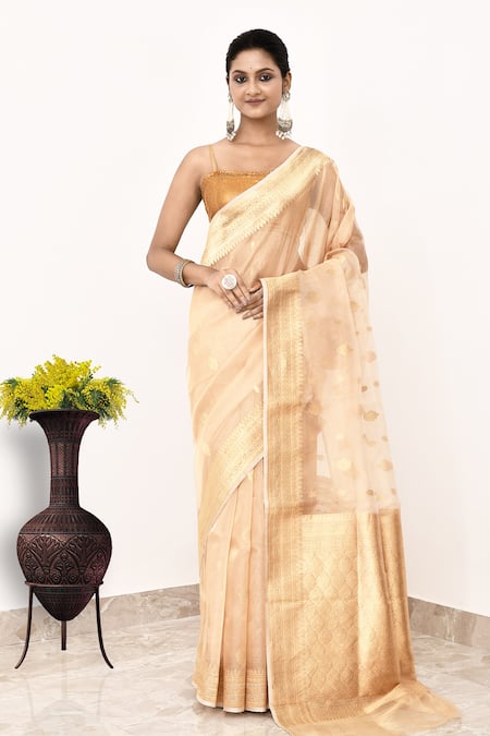 Naaritva India Gold Tissue Embroidery Floral Butta Woven Banarasi Saree With Running Blouse 