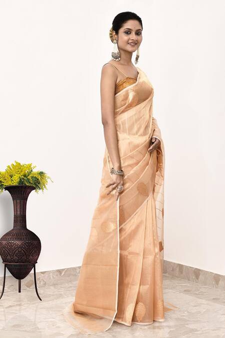 Naaritva India_Gold Tissue Embroidery Banarasi Tear Drop Woven Saree With Running Blouse _Online_at_Aza_Fashions