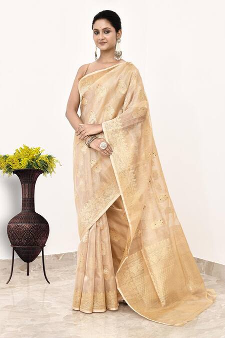 Naaritva India_Gold Tissue Embroidery Banarasi Flower Woven Saree With Running Blouse _Online_at_Aza_Fashions