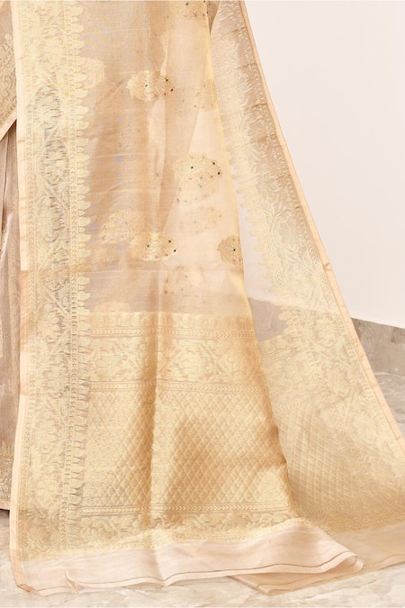Buy_Naaritva India_Gold Tissue Embroidery Banarasi Flower Woven Saree With Running Blouse _Online_at_Aza_Fashions