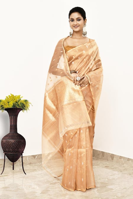 Naaritva India_Gold Tissue Banarasi Geometric Stripe Woven Saree With Running Blouse _Online_at_Aza_Fashions