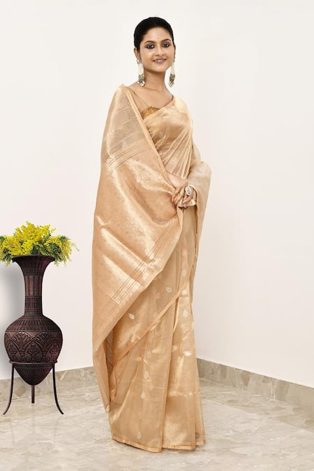 Naaritva India_Gold Tissue Embroidery Banarasi Floral Buti Woven Saree With Running Blouse _Online_at_Aza_Fashions