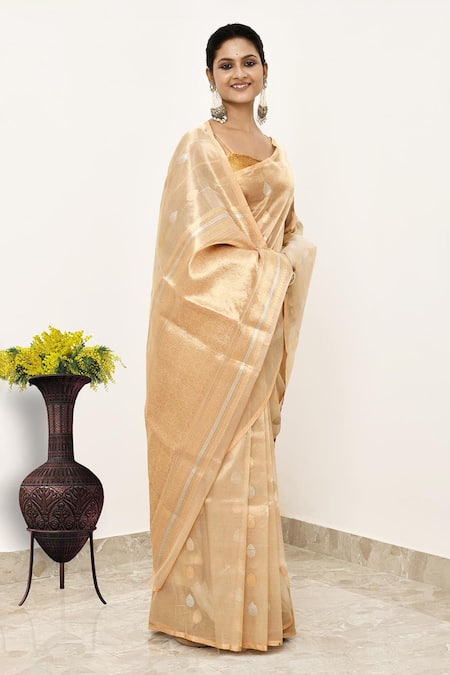 Naaritva India_Gold Tissue Embroidery Banarasi Tear Drop Pattern Saree With Running Blouse _Online_at_Aza_Fashions