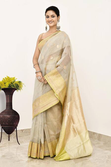Naaritva India_Yellow Tissue Embroidery Colorblock Woven Banarasi Saree With Running Blouse _Online_at_Aza_Fashions