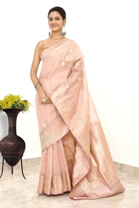 Naaritva India_Pink Tissue Embroidery Tear Drop Woven Banarasi Saree With Running Blouse _Online_at_Aza_Fashions