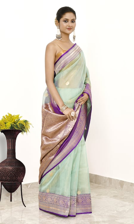 Shop_Naaritva India_Blue Tissue Botanical Border Woven Banarasi Saree With Running Blouse _Online_at_Aza_Fashions