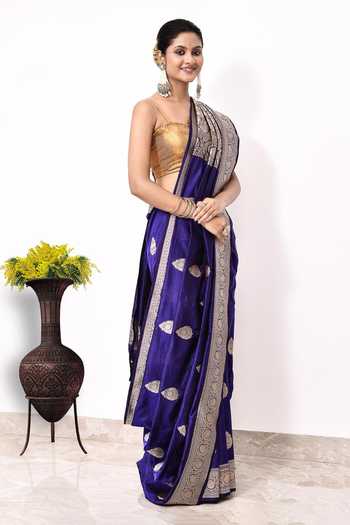 Naaritva India_Blue Kota Doria Embroidery Tear Drop Woven Banarasi Saree With Running Blouse _Online_at_Aza_Fashions