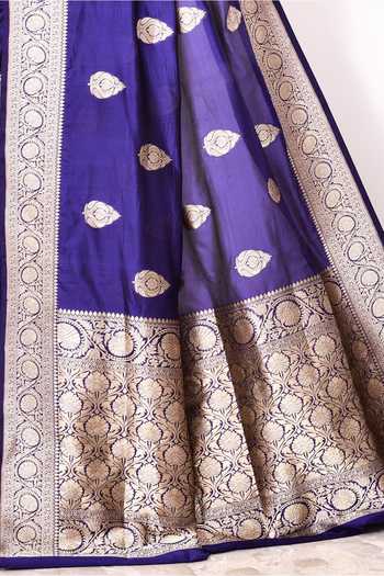 Buy_Naaritva India_Blue Kota Doria Embroidery Tear Drop Woven Banarasi Saree With Running Blouse _Online_at_Aza_Fashions