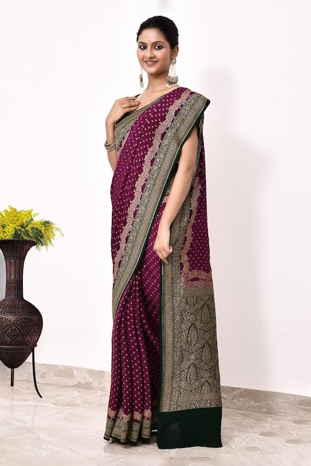 Naaritva India_Wine Handloom Cotton Bandhani Woven Banarasi Saree With Running Blouse _Online_at_Aza_Fashions