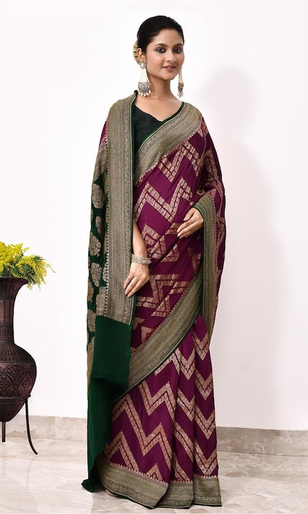 Naaritva India Wine Handloom Cotton Embroidery Chevron Woven Banarasi Saree With Running Blouse Online at Aza Fashions Naaritva India_Wine Handloom Cotton Embroidery Chevron Woven Banarasi Saree With Running Blouse _Online_at_Aza_Fashions
