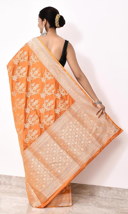 Shop Naaritva India Gold Kota Doria Embroidery Floral Woven Banarasi Saree With Running Blouse at Aza Fashions Shop_Naaritva India_Gold Kota Doria Embroidery Floral Woven Banarasi Saree With Running Blouse _at_Aza_Fashions
