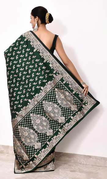 Shop Naaritva Banaras Green Kota Doria Embroidery Leaf Woven Banarasi Saree With Running Blouse at Aza Fashions Shop_Naaritva Banaras_Green Kota Doria Embroidery Leaf Woven Banarasi Saree With Running Blouse _at_Aza_Fashions